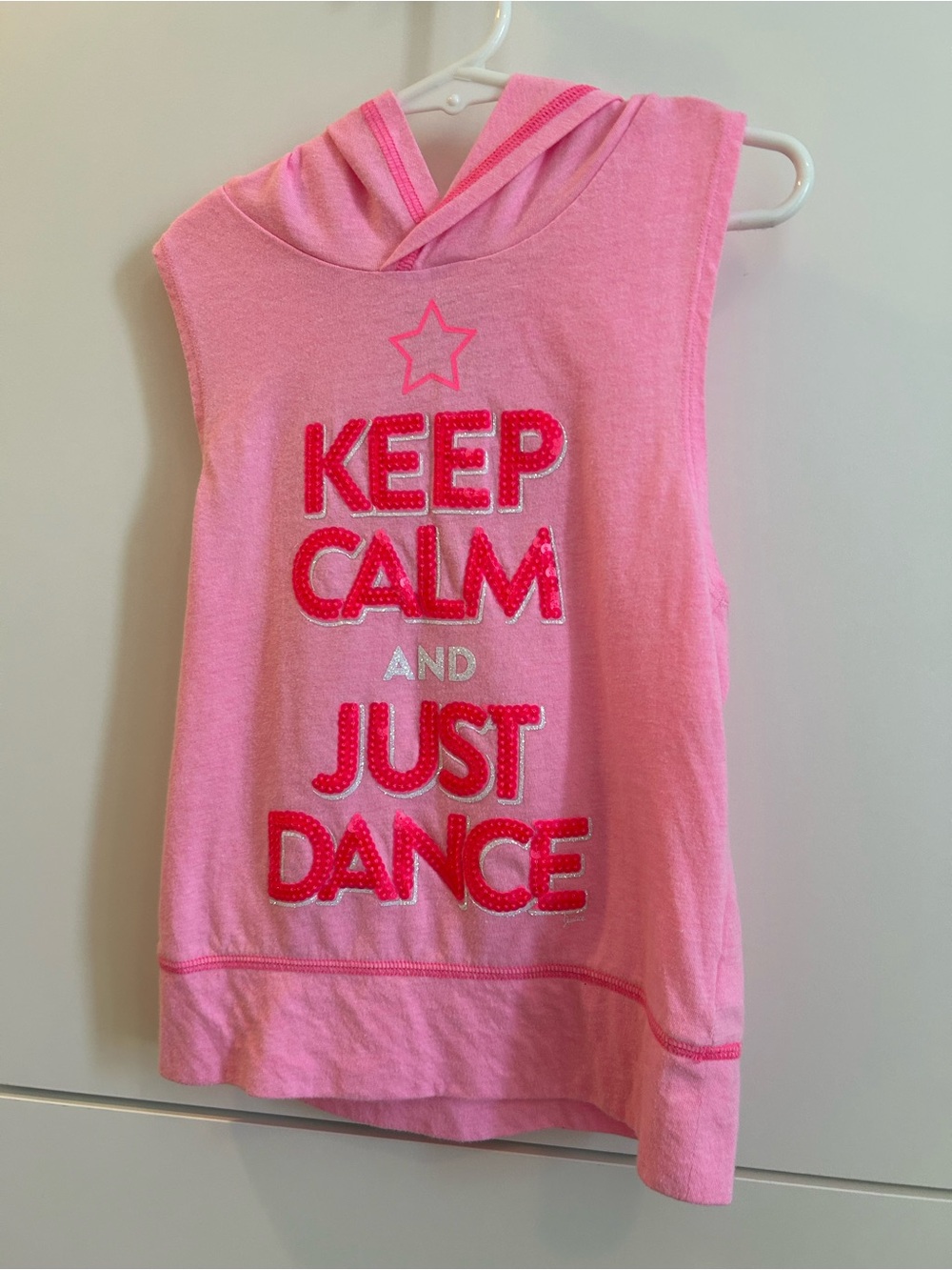 Pink Sleeveless Hooded Tank with Metallic Logo “Keep Calm and Just Dance” Size 7